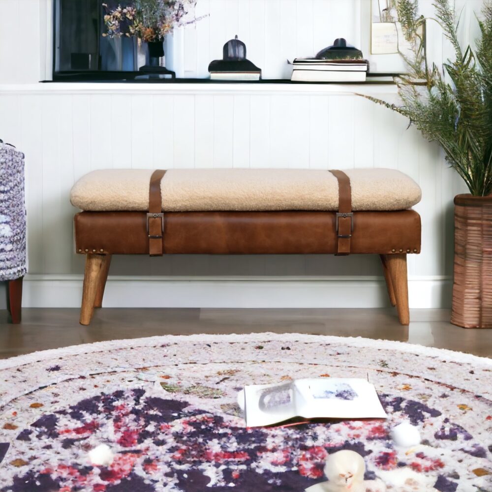 Boucle Buffalo Hide Leather Bench - Image 12